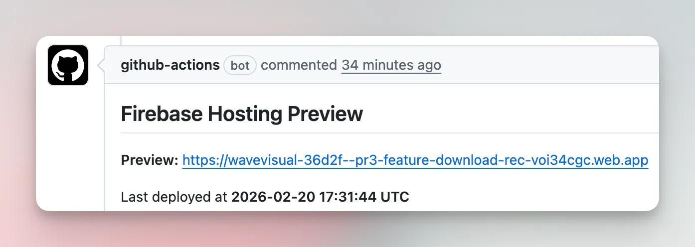 GitHub bot comment on a pull request showing the Firebase preview deployment URL